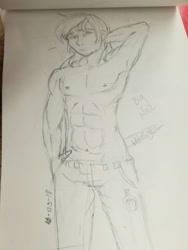 Size: 1488x1984 | Tagged: safe, artist:beyond_inside, artist:jacqueline351, derpibooru import, big macintosh, human, abs, arm behind head, armpits, clothes, humanized, male, pants, partial nudity, signature, solo, topless, traditional art