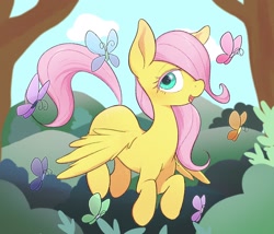 Size: 2048x1750 | Tagged: safe, artist:noupu, derpibooru import, fluttershy, butterfly, pegasus, pony, the cutie mark chronicles, blank flank, blushing, cute, female, filly, filly fluttershy, hair over one eye, looking at you, open mouth, outdoors, scene interpretation, shyabetes, smiling, so many wonders, solo, spread wings, three quarter view, tree, wings, younger