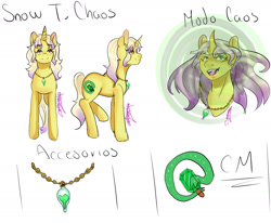 Size: 2007x1653 | Tagged: safe, artist:beyond_inside, artist:jacqueline351, derpibooru import, oc, oc only, oc:snow t. chaos, pony, unicorn, bust, female, horn, jewelry, mare, necklace, open mouth, reference sheet, signature, simple background, smiling, unicorn oc, white background