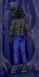 Size: 494x960 | Tagged: safe, artist:beyond_inside, artist:jacqueline351, derpibooru import, oc, oc only, anthro, unguligrade anthro, unicorn, clothes, forest, glowing horn, horn, pants, partial nudity, signature, solo, topless, tree, unicorn oc, unshorn fetlocks