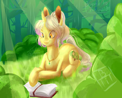 Size: 1475x1181 | Tagged: safe, artist:beyond_inside, artist:jacqueline351, derpibooru import, oc, oc only, oc:snow t. chaos, unicorn, book, crepuscular rays, female, forest, horn, jewelry, lying down, mare, necklace, outdoors, prone, reading, signature, smiling, solo, tree, unicorn oc
