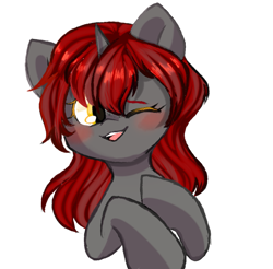 Size: 901x887 | Tagged: safe, artist:thieftea, derpibooru import, oc, oc only, oc:willow wisp, unicorn, fallout equestria: of shadows, blushing, smiling, solo