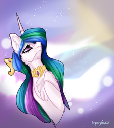 Size: 2568x2872 | Tagged: safe, artist:sugarypolecat, derpibooru import, princess celestia, alicorn, pony, crown, horn, jewelry, multicolored mane, purple eyes, regalia, solo, watermark