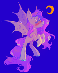 Size: 1166x1477 | Tagged: safe, artist:onionpwder, derpibooru import, fluttershy, bat pony, pony, bat ponified, bat wings, blue background, blushing, chest fluff, cloven hooves, colored hooves, crescent moon, eyes closed, fangs, female, flutterbat, mare, missing cutie mark, moon, profile, race swap, simple background, smiling, solo, spread wings, unshorn fetlocks, wing hooks, wings