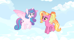 Size: 12118x6534 | Tagged: safe, artist:kojibiose, derpibooru import, luster dawn, princess flurry heart, alicorn, pony, unicorn, absurd resolution, artificial wings, augmented, cloud, cutie mark, female, females only, flying, horn, magic, magic wings, mare, older, older flurry heart, sky, wings