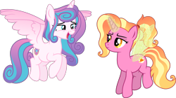 Size: 7828x4373 | Tagged: safe, artist:kojibiose, derpibooru import, luster dawn, princess flurry heart, alicorn, pony, unicorn, the last problem, absurd resolution, artificial wings, augmented, duo, duo female, female, flying, glowing horn, horn, magic, magic aura, magic wings, older, older flurry heart, open mouth, simple background, transparent background, unamused, vector, wings