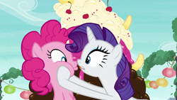 Size: 1920x1080 | Tagged: safe, derpibooru import, screencap, pinkie pie, rarity, earth pony, pony, unicorn, the gift of the maud pie, biting, duo, duo female, female, food, mare, sundae, tongue bite