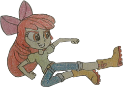 Size: 1600x1134 | Tagged: safe, artist:jebens1, derpibooru import, apple bloom, equestria girls, apple bloom's bow, boots, bow, clothes, cropped, hair bow, jeans, martial arts, pants, shoes, smiling, solo, traditional art