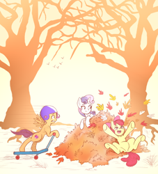 Size: 1000x1100 | Tagged: safe, artist:gloomydinosaur, derpibooru import, apple bloom, scootaloo, sweetie belle, earth pony, pegasus, pony, unicorn, autumn, cutie mark crusaders, leaf, leaves, lying down, on back, open mouth, playing, this will end in pain, tree, trio