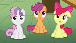 Size: 1920x1080 | Tagged: safe, derpibooru import, screencap, apple bloom, scootaloo, sweetie belle, earth pony, pegasus, pony, unicorn, on your marks, clubhouse, confused, crusaders clubhouse, cutie mark crusaders, ears, female, filly, floppy ears, trio