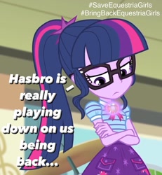 Size: 1135x1226 | Tagged: safe, artist:luigigamer25, derpibooru import, edit, edited screencap, screencap, sci-twi, twilight sparkle, equestria girls, equestria girls series, overpowered (equestria girls), bowtie, clothes, comments locked on derpi, crossed arms, cutie mark, cutie mark on clothes, discussion in the comments, geode of telekinesis, glasses, looking down, magical geodes, op can't let go, op needs to stop, ponytail, sad, save equestria girls