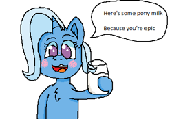 Size: 407x284 | Tagged: safe, artist:xppp1n, trixie, pony, unicorn, blushing, chest fluff, female, holding, mare, milk, open mouth, simple background, solo, speech bubble, text, transparent background
