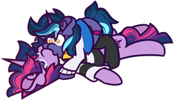 Size: 1798x1038 | Tagged: safe, artist:threetwotwo32232, derpibooru import, twilight sparkle, oc, oc:twilight aurora, alicorn, pony, unicorn, canon x oc, female, jacket, kissing, lesbian, mare, simple background, transparent background