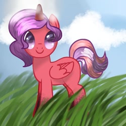 Size: 768x768 | Tagged: safe, artist:_meli.exe1388_, derpibooru import, oc, oc only, alicorn, pony, pony creator, alicorn oc, cloud, grass, horn, looking at you, outdoors, smiling, solo, wings