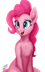 Size: 1600x2560 | Tagged: safe, artist:raphaeldavid, derpibooru import, pinkie pie, earth pony, chest fluff, ear fluff, ears, happy, looking at something, signature, simple background, solo, white background