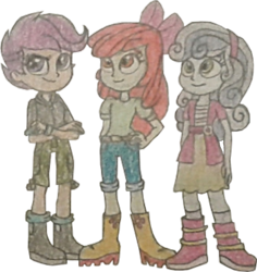 Size: 1300x1379 | Tagged: safe, artist:jebens1, derpibooru import, apple bloom, scootaloo, sweetie belle, equestria girls, apple bloom's bow, belt, boots, bow, clothes, cropped, crossed arms, cutie mark crusaders, hair bow, hand on hip, hoodie, jeans, looking up, pants, shirt, shoes, shorts, simple background, skirt, smiling, transparent background