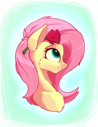 Size: 1111x1433 | Tagged: safe, artist:hc0, derpibooru import, fluttershy, pony, bust, cheek fluff, chest fluff, cute, daaaaaaaaaaaw, female, flower, flower in hair, looking up, mare, portrait, profile, rose, shyabetes, smiling, solo