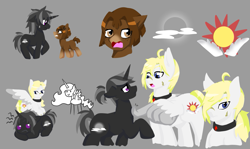 Size: 1159x690 | Tagged: safe, artist:jolliapplegirl, derpibooru import, oc, oc:hazel drop, oc:moonlight sonata, oc:winter star, earth pony, pegasus, pony, unicorn, collar, cowlick, cutie mark, female, freckles, insurgency; fall of an empire, male, mare, scar, stallion