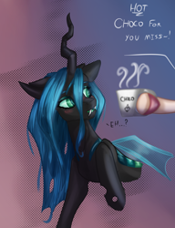 Size: 2340x3040 | Tagged: safe, artist:sugarypolecat, derpibooru import, queen chrysalis, oc, oc:sugar polecat, changeling, changeling queen, pony, blushing, dark skin, fangs, female, green eyes, horn, text, wings