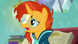 Size: 1920x1080 | Tagged: safe, derpibooru import, screencap, sunburst, pony, unicorn, the crystalling, clothes, glasses, male, open mouth, robe, solo, stallion, sunburst's glasses, sunburst's robe