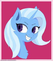 Size: 3500x4039 | Tagged: safe, artist:endo, derpibooru import, trixie, pony, unicorn, bust, chest fluff, female, fluffy, portrait, simple background, smiling, solo