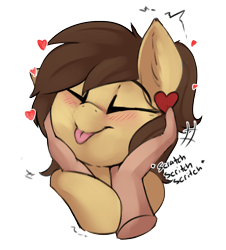 Size: 2226x2457 | Tagged: safe, artist:beardie, derpibooru import, part of a set, oc, oc only, oc:retro hearts, human, pegasus, pony, :p, beardies scritching ponies, blushing, commission, disembodied hand, eyes closed, female, hand, happy, heart, mare, petting, piercing, ponytail, smiling, tongue, tongue out, ych result