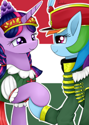 Size: 2480x3507 | Tagged: safe, artist:twidasher, derpibooru import, rainbow dash, twilight sparkle, pegasus, pony, clothes, eye contact, female, flag background, holding hooves, hungary, lesbian, looking at each other, mare, shipping, signature, twidash, white outline