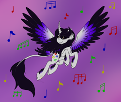 Size: 1202x1016 | Tagged: safe, artist:midnightfire1222, derpibooru import, oc, oc:harmony note, alicorn, pony, flying, music notes, simple background, solo