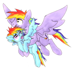 Size: 1632x1578 | Tagged: safe, artist:oddwarg, derpibooru import, part of a set, rainbow blaze, rainbow dash, pegasus, pony, duo, female, filly, filly rainbow dash, flying, flying lesson, learning to fly, simple background, training, white background, younger