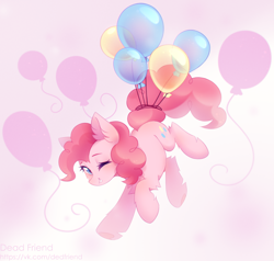 Size: 3872x3680 | Tagged: safe, artist:dedfriend, derpibooru import, pinkie pie, earth pony, pony, balloon, chest fluff, cute, diapinkes, ear fluff, ears, female, floating, high res, leg fluff, looking at you, mare, one eye closed, smiling, solo, then watch her balloons lift her up to the sky, wink