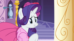 Size: 1920x1080 | Tagged: safe, derpibooru import, screencap, rarity, pony, unicorn, no second prances, carousel boutique, clothes, cropped, cute, dress, female, flower, grin, mare, nervous, nervous grin, raised hoof, raised leg, raribetes, rose, smiling, solo, teeth