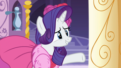 Size: 1920x1080 | Tagged: safe, derpibooru import, screencap, rarity, pony, unicorn, no second prances, carousel boutique, clothes, cropped, cute, dress, female, flower, grin, mare, nervous, nervous grin, raised hoof, raised leg, raribetes, rose, smiling, solo, teeth