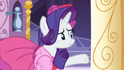 Size: 1920x1080 | Tagged: safe, derpibooru import, screencap, rarity, pony, unicorn, no second prances, carousel boutique, clothes, cropped, cute, dress, female, flower, mare, nervous, raised hoof, raised leg, raribetes, rose, solo