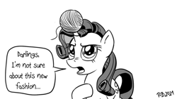 Size: 1200x675 | Tagged: safe, artist:pony-berserker, derpibooru import, rarity, pony, unicorn, pony-berserker's twitter sketches, darling, female, hoof on chest, hornball, looking at you, mare, rarity is not amused, speech bubble, stippling, talking to viewer, unamused, yarn, yarn ball