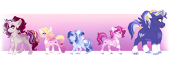 Size: 1024x384 | Tagged: safe, artist:azure-art-wave, derpibooru import, princess skyla, oc, oc:elizabeth aphrodite, oc:eros ardor, oc:leonard apollo, oc:midnight artemis, pegasus, pony, unicorn, chibi, colt, female, filly, male, mare, offspring, parent:princess cadance, parent:shining armor, parents:shiningcadance