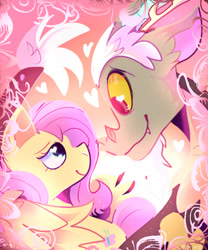 Size: 2000x2400 | Tagged: safe, artist:muttvore, derpibooru import, discord, fluttershy, draconequus, pegasus, pony, abstract background, discoshy, eye contact, female, heart, heart eyes, high res, looking at each other, male, mare, profile, shipping, smiling, straight, wingding eyes, wings