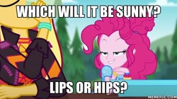 Size: 600x337 | Tagged: safe, derpibooru import, edit, edited screencap, screencap, pinkie pie, sunset shimmer, equestria girls, wake up!, spoiler:eqg series (season 2), caption, image macro, text