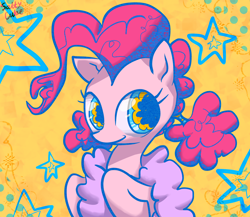 Size: 1956x1700 | Tagged: safe, artist:saltycube, derpibooru exclusive, derpibooru import, pinkie pie, earth pony, pony, abstract background, female, mare, smiling, solo, stars