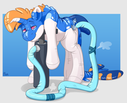 Size: 2460x2000 | Tagged: safe, artist:ailoy4, derpibooru import, oc, oc only, oc:arcane waves, dolphin, dolphin pony, inflatable pony, original species, pony, unicorn, air nozzle, air pump, deflated, high res, hose, inflatable, inflation, male, pump, simple background, solo, stallion