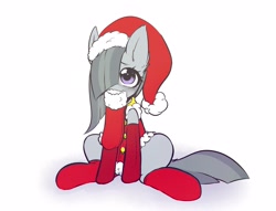 Size: 2893x2210 | Tagged: safe, artist:opossum_imoto, derpibooru import, marble pie, earth pony, pony, christmas, christmas stocking, clothes, cute, female, hat, holiday, marblebetes, mare, mouth hold, santa hat, simple background, sitting, socks, solo, white background