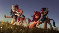 Size: 4096x2304 | Tagged: safe, artist:magfen, derpibooru import, oc, oc only, kirin, commission, female, group photo, kirin oc, male, sunset