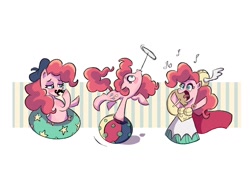 Size: 1020x724 | Tagged: safe, artist:camaleao, derpibooru import, pinkie pie, earth pony, pony, ball, balloon, beret, cape, circus, clothes, costume, cutie mark, facial hair, hat, moustache, music notes, opera, simple background, singing, white background