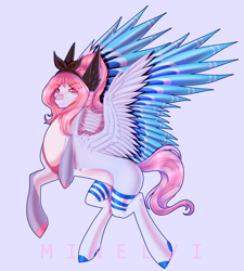 Size: 2250x2500 | Tagged: safe, artist:minelvi, derpibooru import, oc, oc only, pegasus, pony, ear fluff, ears, gray background, hoof polish, pegasus oc, rearing, signature, simple background, solo, two toned wings, wings