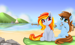 Size: 3700x2200 | Tagged: safe, artist:rivin177, derpibooru import, oc, oc:tridashie, earth pony, pegasus, pony, beach, blue sky, cloud, coast, commission, daylight, mountain, picnic, pier, sand, sea pear, sitting, solo, tongue, tongue out, yacht