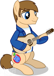 Size: 1149x1614 | Tagged: safe, artist:amgiwolf, derpibooru import, oc, oc only, oc:applewolf, earth pony, pony, clothes, earth pony oc, guitar, male, musical instrument, simple background, sitting, smiling, solo, stallion, transparent background