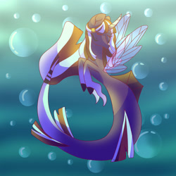 Size: 1280x1280 | Tagged: safe, artist:betzihappygarden, derpibooru import, oc, oc only, alicorn, pony, seapony (g4), bubble, clothes, crepuscular rays, dorsal fin, eyes closed, female, fin wings, fish tail, flowing tail, horn, ocean, seaponified, see-through, solo, species swap, sunlight, tail, underwater, water, wings