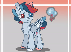 Size: 2276x1668 | Tagged: safe, artist:caramelbolt24, derpibooru import, oc, oc only, pegasus, pony, abstract background, chest fluff, ear fluff, ears, frown, heterochromia, hoof polish, magical lesbian spawn, male, offspring, parent:pinkie pie, parent:rainbow dash, parents:pinkiedash, pegasus oc, reference sheet, signature, solo, stallion, story included, wings