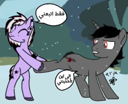 Size: 1024x833 | Tagged: safe, artist:aryasakurada, derpibooru import, oc, oc only, earth pony, pony, unicorn, arabic, comic, dialogue, earth pony oc, horn, outdoors, signature, snow, unicorn oc