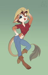 Size: 2480x3858 | Tagged: safe, artist:airfly-pony, derpibooru import, oc, oc only, oc:case, anthro, unguligrade anthro, unicorn, anthro oc, belly button, boots, clothes, ear fluff, ears, female, floppy ears, front knot midriff, green background, hand on hip, hat, jeans, leonine tail, looking at you, mare, midriff, one eye closed, open mouth, pants, shirt, shoes, simple background, smiling, smiling at you, solo, wink, winking at you