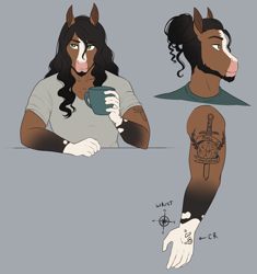 Size: 3108x3300 | Tagged: safe, artist:askbubblelee, oc, oc only, oc:walter nutt, anthro, earth pony, saddle arabian, unguligrade anthro, beard, blaze (coat marking), clothes, coat markings, coffee cup, cup, digital art, earth pony oc, facial hair, male, shirt, simple background, smiling, solo, stallion, tattoo